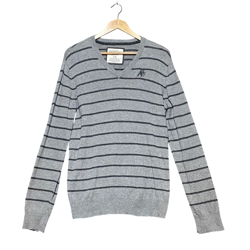 Aeropostale Mens Gray Striped V-Neck Cotton Wool Blend Sweater L Preppy Casual